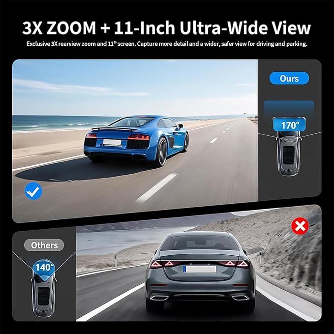 JOMISE G814 11" 4K+2.5K Rear View Mirror Camera — No WiFi/App, Mirror Dash Cam Front and Rear, Pure Evidence Recorder, Dash Cam for Cars, 3X Zoom, 64GB Card Included