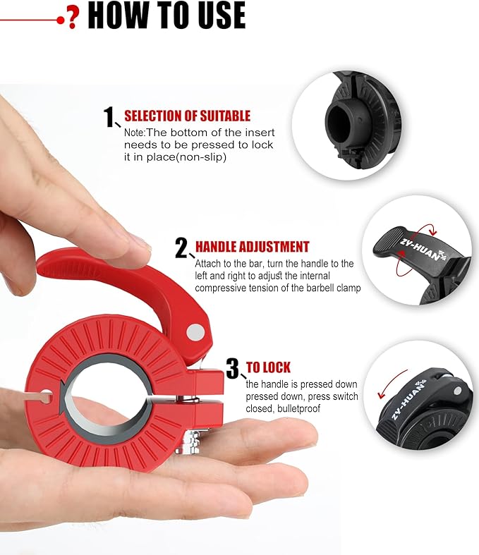 ZY-HUAN Pro Barbell Clips 1 inch Barbell Clamps 0.9-1.18inch Quick Release Weight Clips for Bars Multi-Size Adjustable Olympic Barbell Clamps (Red)