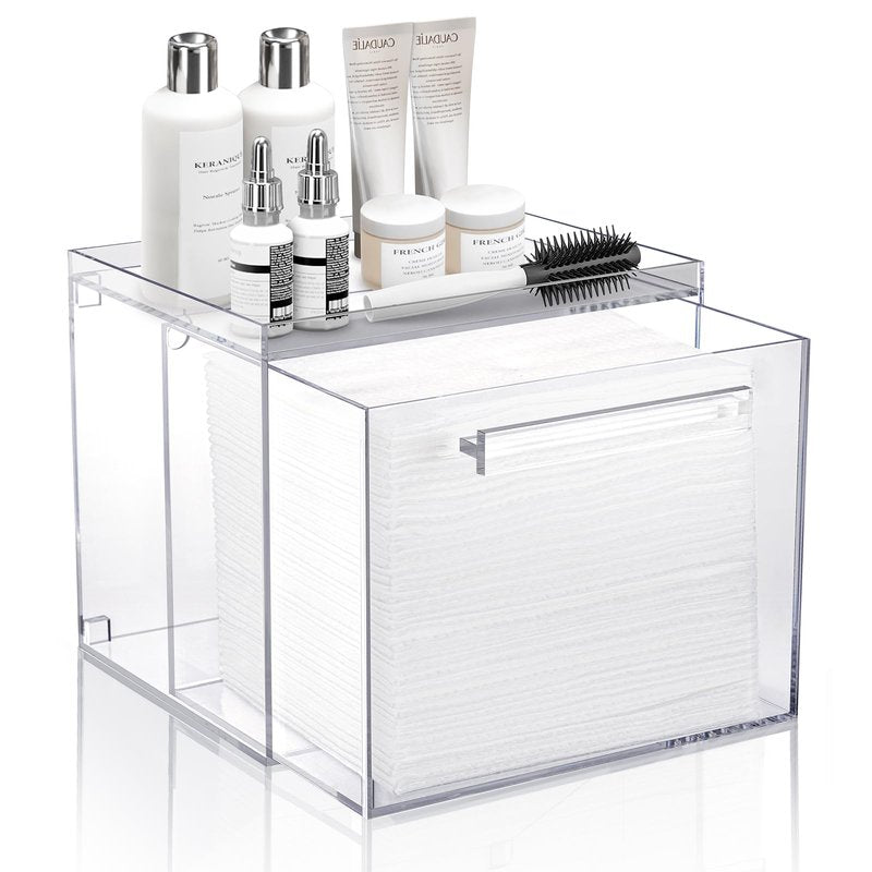 TAINESS Acrylic Disposable Face Towels Holder Compatible with Clean Skin Club Towel XL - Clear Storage Box Wall-Mounted Cosmetic & Skin Care Organizer with Drawer for Bathroom Vanity