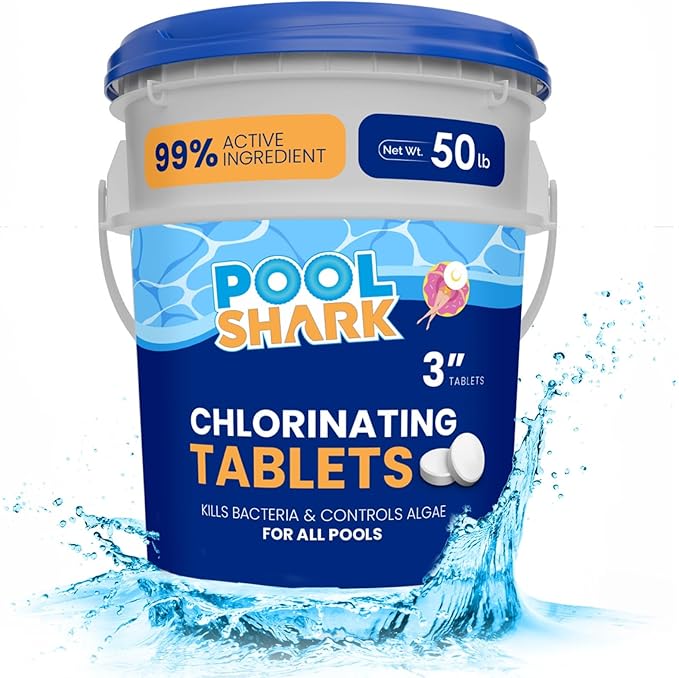 Pool Shark Swimming Pool Chlorine Tablets - 3-Inch Chlorine Tablets - Slow-Dissolving 90% Active Chlorine Tabs - Pool Chemicals for Inground Pools, Above Ground Pools, Saltwater, Spa, Hot Tub (50 lbs)