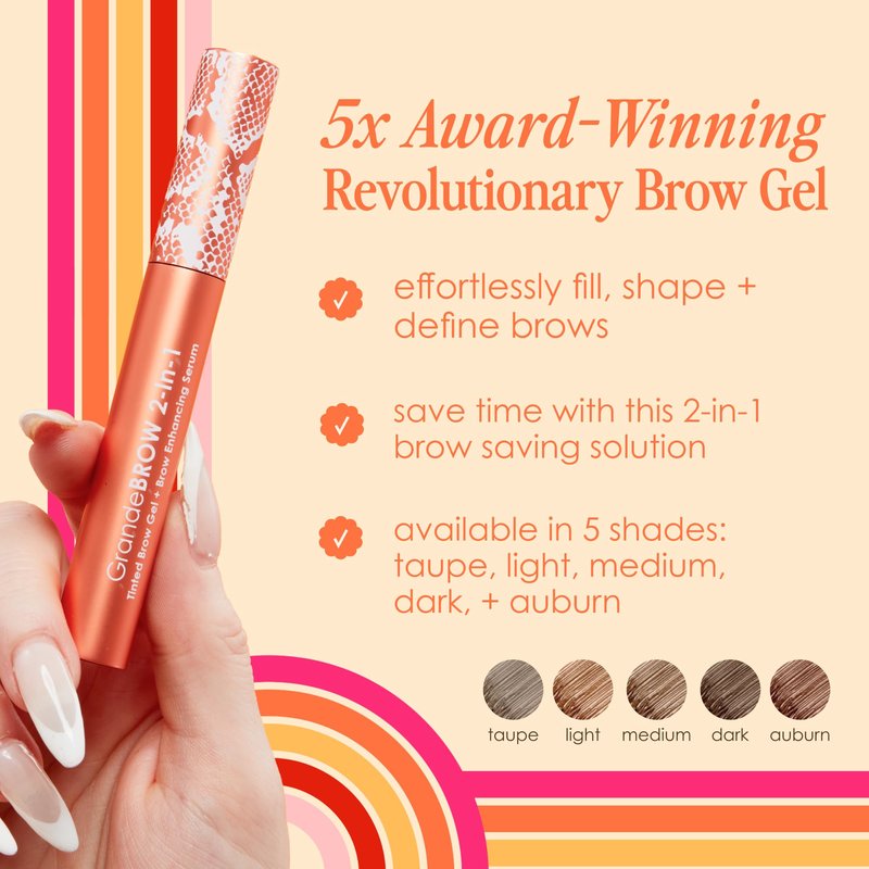 Grande Cosmetics GrandeBROW 2-in-1 Tinted Brow Gel + Brow Enhancing Serum for Thicker & Darker-Looking Eyebrows, Shape & Fill Brows, with Castor Oil & Mini Fibers - Medium, Travel Size (0.07 fl oz)