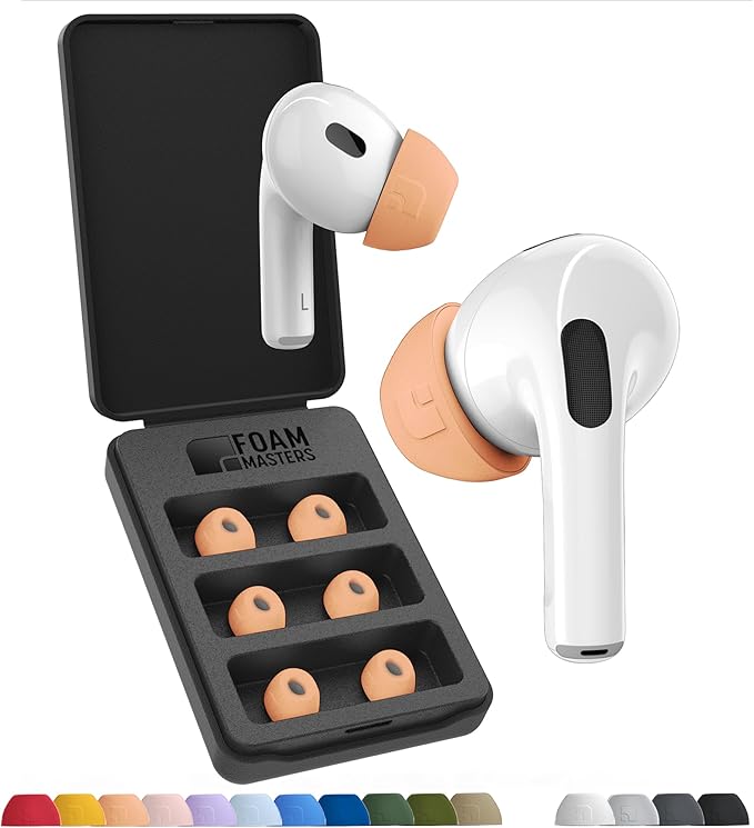 Foam Masters Ultra-Premium Memory Foam Ear Tips for AirPods Pro 1st & 2nd Gen | 3 Pairs | New Ver. | Secure Fit | Super Comfort | Better Noise Cancel | Replacement Buds (Assorted S/M/L, Peach)