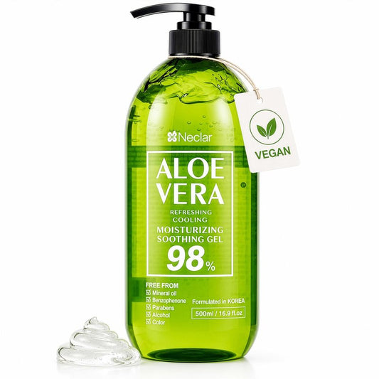 Neclar 98% Pure Aloe Vera Gel for Sunburn Relief - Big 16.9 oz / 500ml - Korean After Sun Care lotion For Face, Skin and Hair - Sun Burn Moisturizer Cream (16.9 Fl oz)