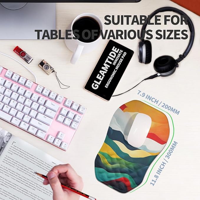 Gleamtide Ergonomic Raised Mouse Pad Wrist Support with Bilateral Slope Memory Foam Mousepad for Wrist Rest and Carpal Tunnel Pain Relief 11.8x7.9〃Colorful Lines