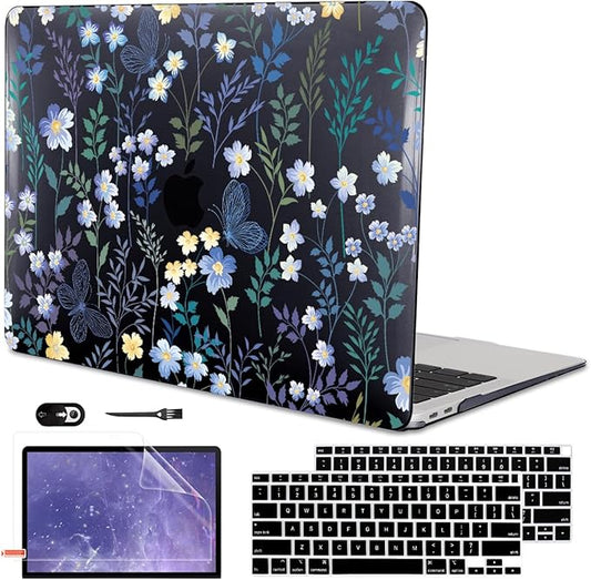 LCMOCICO for M1 MacBook Air 13 Inch Case 2021 2020 2019 2018 Release M1 A2337 A2179 A1932 Cover with Retina Display & Touch ID, Printed Pattern Plastic Hard Shell Case, Meadow Wildflower Black
