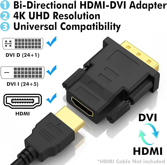 Cyberguys! DVI to HDMI Adapter, 2-Pack – Bi-Directional DVI-D Male to HDMI Female Converter – 4K/30Hz UHD Video Support for Monitor, HDTV, Projector, PC, PS4, Laptop – Gold-Plated Connectors