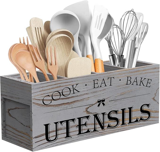 Suli Extra Large Kitchen Utensils Holder with 4 Compartments, Wooden Utensil Organizer for Kitchen Countertop, Farmhouse Decor, Rustic Cooking Utensil - Grey grain