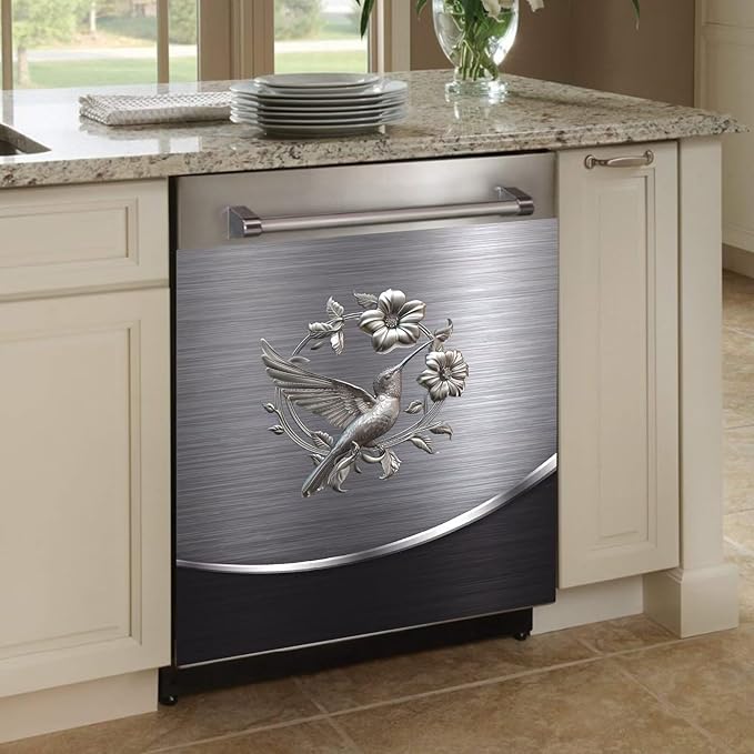 Grey Metal Silver Bird with Flower Pattern Magnetic Dishwasher Cover Sheet Polishing Steelbird Dishwasher Skin Decor Silver Texture 23X17 INCH Magnet Rerigerator Kitchen Panel Decal Sticker