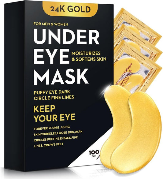 Bukamkom 200Pcs/100 Pair Under Eye Patches Gold for Dark Circles, Puffy Eyes, and Wrinkles, 24K Gold Eye Mask for Face, Eye Cream for Men and Women