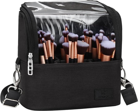 Makeup Brush Organizer - Travel-Friendly Stand-Up Holder with Adjustable Divider | Large Black Cosmetic Case