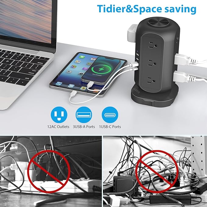 Power Strip Tower AOFO 12 AC Outlets with 4 USB(1 USB C) Ports Charging Station with Overload Protection, Widely Spaced Multiple Outlets with 10Ft Extension Cord for Home,Dorm & Office