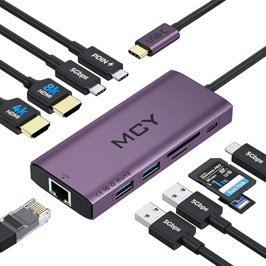 MCY USB C Hub,Laptop Docking Station Dual Monitor Single 8K,2x4K@60Hz,10in1 Type-C Multiport Adapter with PD100W,Card Reader,Extender,Splitter,Ethernet Dock for MacBook Ipad Pro/Dell/HP/Surface etc.