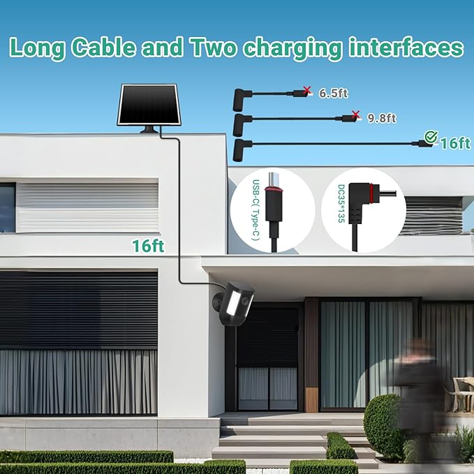 Solar Panel for Ring Camera/Wyze Cameras, 8W Solar Charger Compatible with Stick Up Cam Pro/Plus & Spotlight Cam (Battery) Plus/Pro - Waterproof, 16ft Long Cable, DC3.5mm & USB C Ports, Black