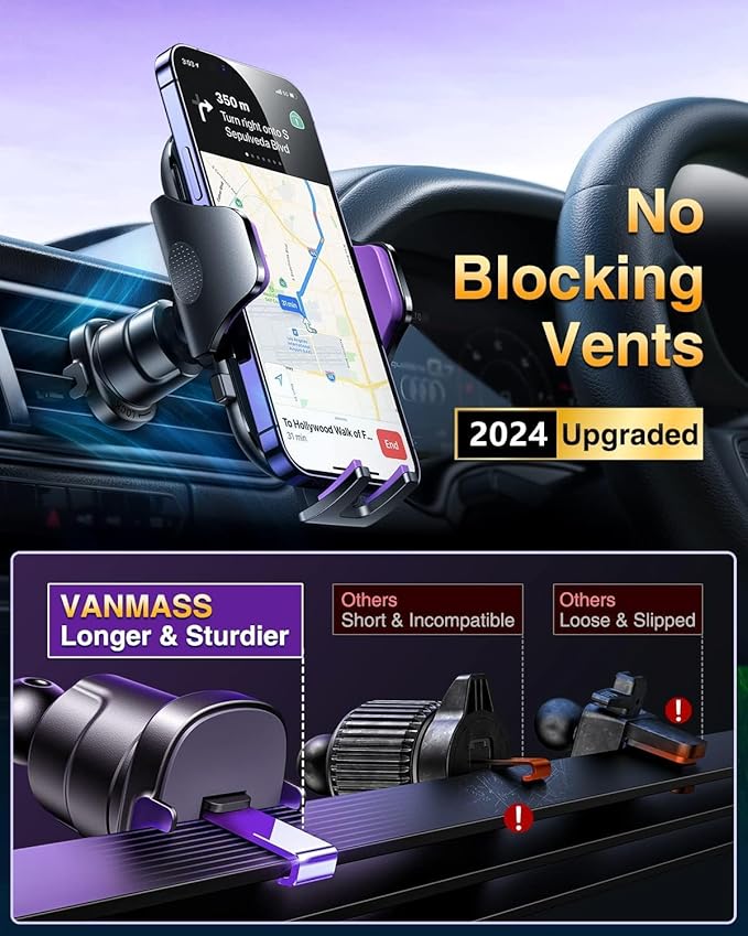 VANMASS Phone Holders for Your Car 2026 Ultimate Phone Mount Military-Grade Windshield Dashboard Vent【Newest Best Strongest】 Cell Phone Car Mount for iPhone 16 Pro Max 15 Samsung Android,Purple