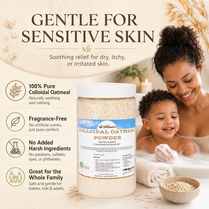 Dirty Treasures Colloidal Oatmeal Bath | Eczema & Itchy Skin Relief | Baby-Safe, 100% Natural, Fragrance-Free | 1 lb (16oz)