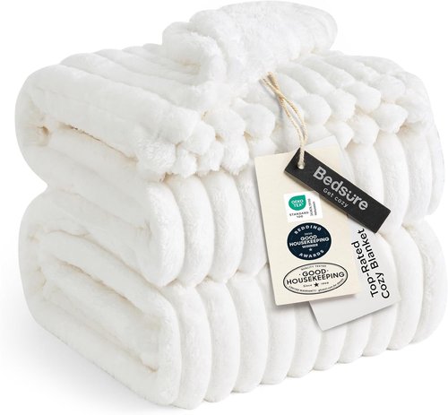 Bedsure GentleSoft Queen Size Blanket - Cozy Off White Fleece Throw for Sofa & Bed, 90x90 Inches
