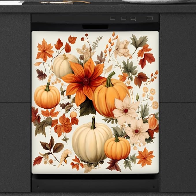 Dishwasher Magnet Cover Fall Pumpkins Flower Leaves Reusable Dishwasher Magnetic Cover Sticker Decorative Dish Washer Door Cover Panel for Home Kitcen Appliance, 21x26 in