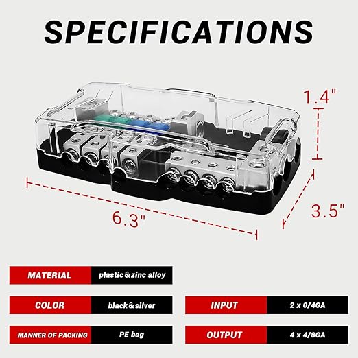 CXCESNS Fused Power Distribution Block Car Audio 4 Way MIDI(Mini-ANL) 12V Fuse Block with Red LED Indicator, 0/4 Gauge Input 4/8 Gauge Output for Auto Marine UTV
