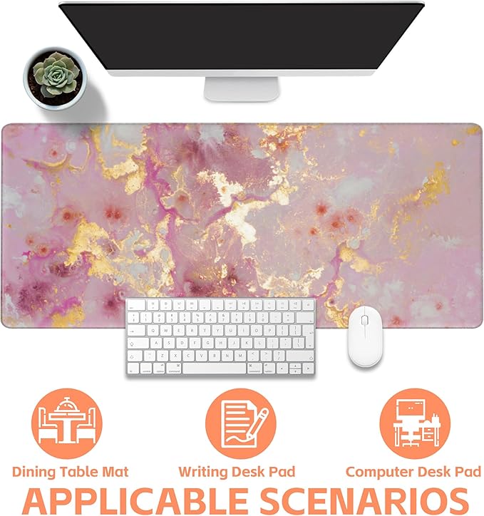 NIYLYNSYN Mouse Pad Large Pink and Gold Marble Non-Slip Gaming Desk Mat with Stitched Edge Laptop Keyboard Desk Pad for Work Home Gaming (35.4 x 15.7 Inches)