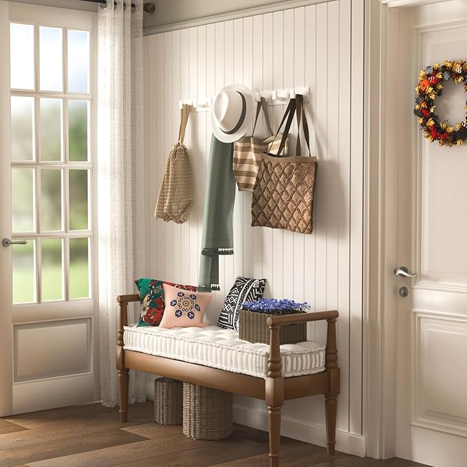 GWAAZXGZ White Wall Mounted Coat Rack - 2 Modular Rails (25'' Total), 8 Right-Angle Hooks, Modern Organizer for Entryway, Bathroom, Bedroom, Holds Coats, Towels, Hats