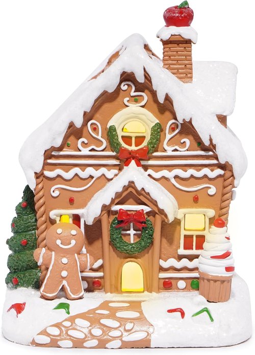Hodao Gingerbread House Decor Figurine - Battery-Powered 5.1" Resin Village for Festive Indoor Displays