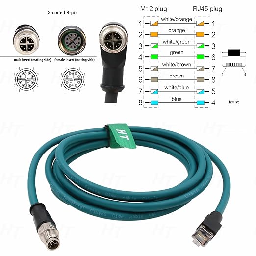 HangTon Ethernet 8 Pin X-Coded M12 RJ45 CAT-7e Cable for Keyence IV3 SR-5000 Matrix Cognex in Sight Data Man Barcode Reader Camera Sensor Network 5M