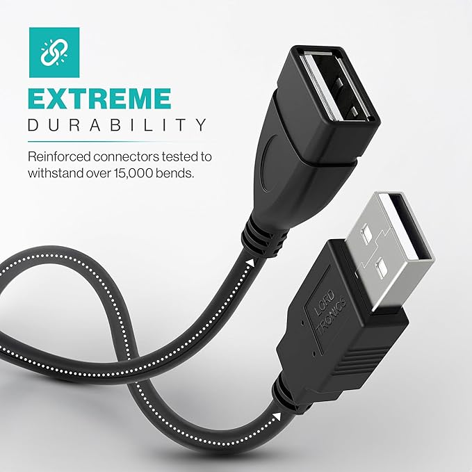 LORDTRONICS 3FT Male to Female Extension Cable USB A Male to USB A Female Data Transfer and Charging Adapter for Keyboard, Mouse, Printer, USB Flash Drive for Multiple Devices, Black