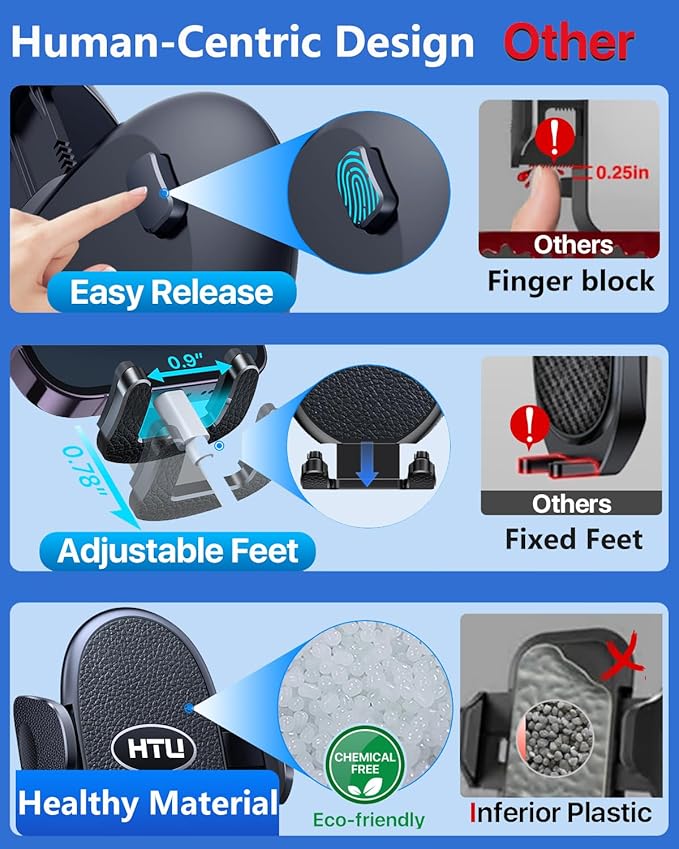 HTU 【Military-Grade Suction】 Cell Phone Holder for Car【Flexible Telescopic Arm】 Car Phone Mount Stand for Dashboard Windshield for iPhone 17 16 Pro Max 15 14 13 12 Samsung Truck Jeep, Black