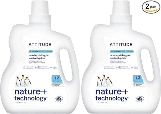 ATTITUDE Liquid Laundry Detergent,EWG Verified,HE Compatible,Plant-Based & Vegan,Natural Laundry Soap,Wildflowers,80 Loads,67.6 Fl Oz,(Pack of 2)