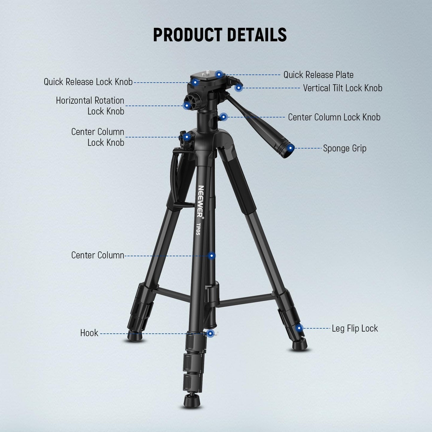 NEEWER Basic 74" Video Tripod Monopod, 3 Way Pan Tilt Head, Remote, Overhead Camera Mount, Horizontal Central Axis, Phone Holder Compatible with iPhone DSLR Telescope Projector, Max Load 17.6lb, TP05