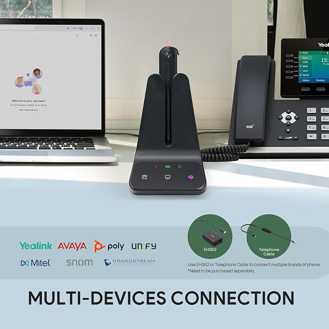 Yealink DECT Wireless Headset WH63 E2,Teams Certified,Single Ear(Mono) Office Headset for Desk Phone and Computer Softphone,3 Wearing Styles,Noise Cancelling Mic,607Ft Range