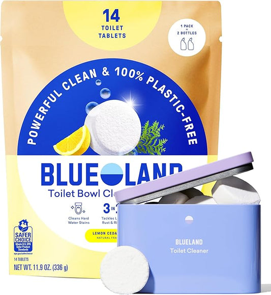 BLUELAND Toilet Bowl Cleaner Tablets, Starter Set, 14 Count with Tin, Lemon Cedar, Plastic-Free, No Harsh Chemicals, Plant-Based
