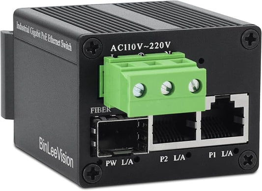 BinleeVision 3 Port Unmanaged Industrial Switch, 2 Gigabit RJ45 + 1 SFP Fiber Port, Fanless Metal Housing, DIN Rail Mount, -40°C to 75°C Wide Temp for IP Camera Network
