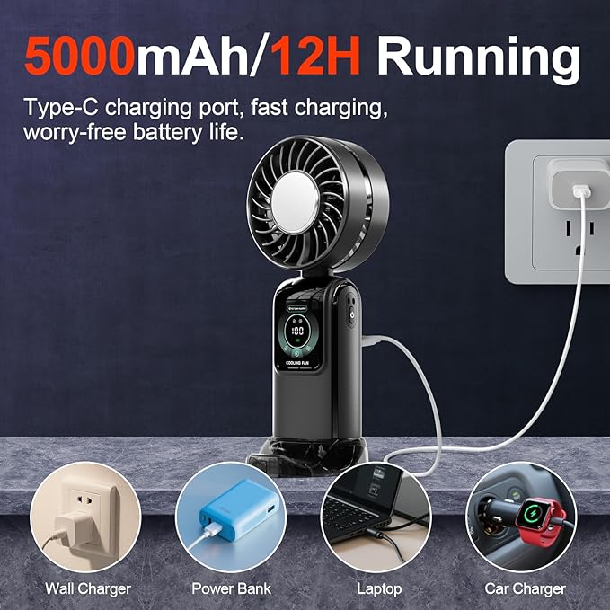 GZEduld Portable Handheld Fan with Stand & Lanyard, 5000mAh USB-C Rechargeable Battery, 12H/5-Speed LED Display Mini Fan for Travel Beach Cruise Concerts Outdoor Events(Black)
