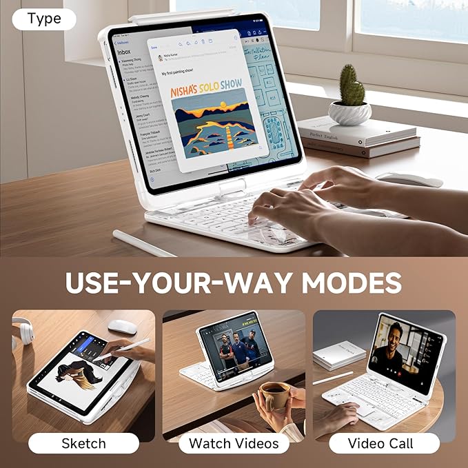 Transparent Case with Keyboard iPad Air 11 Inch (M4/M3/M2, 2026/2025/2024)/ iPad Air 5th/4th Generation 10.9" / iPad Pro 11" 1st/2nd/3rd/4th Trackpad, Pencil Holder, 7-Color Backlit, Rotatable, white