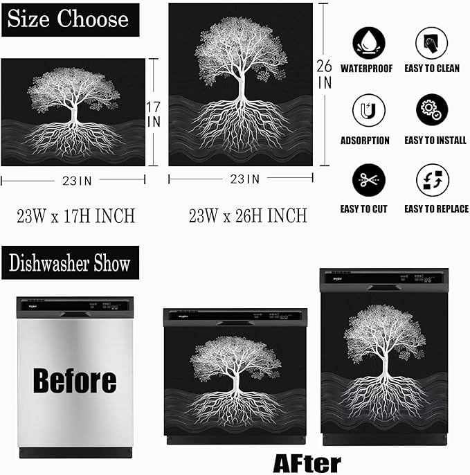Tree of Life Dishwasher Magnet Cover, Retro Black Dishwasher Panel Decal Kitchen Refrigerator Magnets Decor Dishwasher Stickers for Farmhouse 23" x 17"