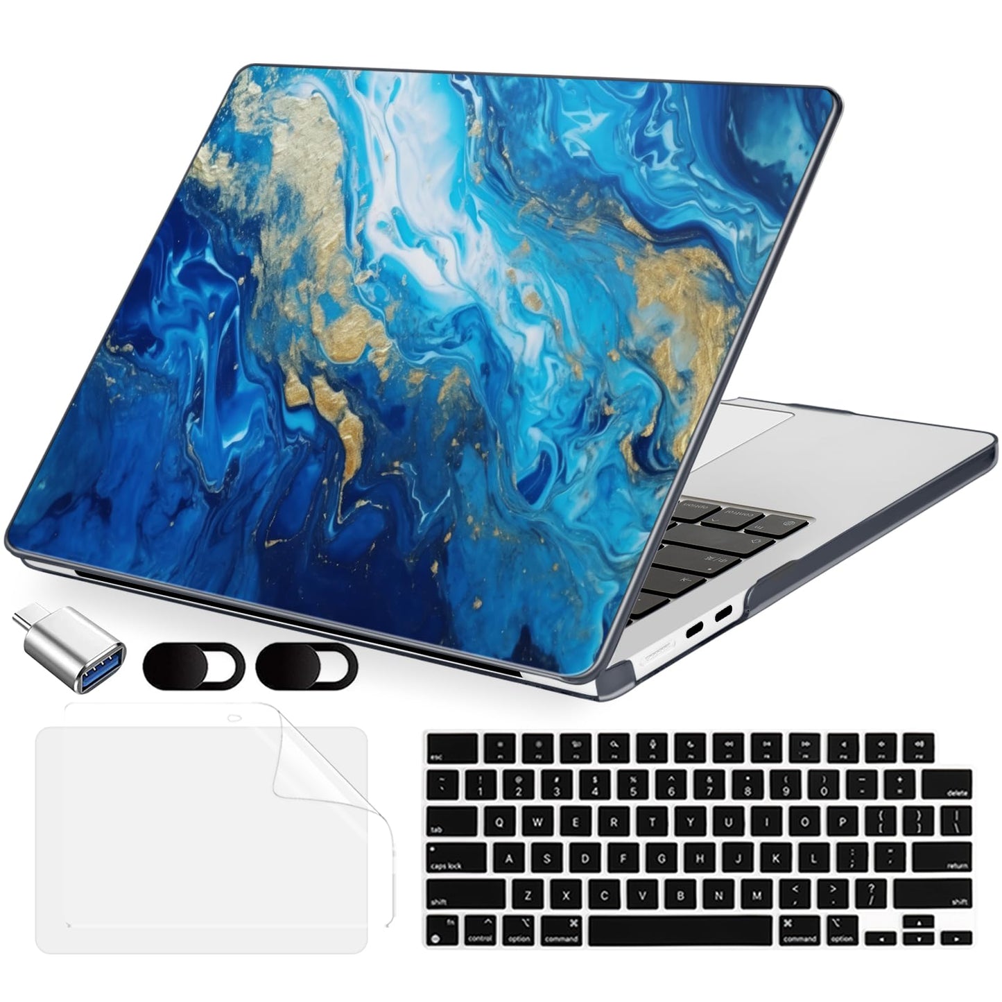 MecBevia Compatible with 2026 M5 MacBook Air 13 inch Case 2026 2025 2024-2022 M5 A3449 M4 A3240 M3 A3113 M2 A2681, Keyboard Cover, Screen Protector, Webcam Cover & Type-C OTG, Oceans