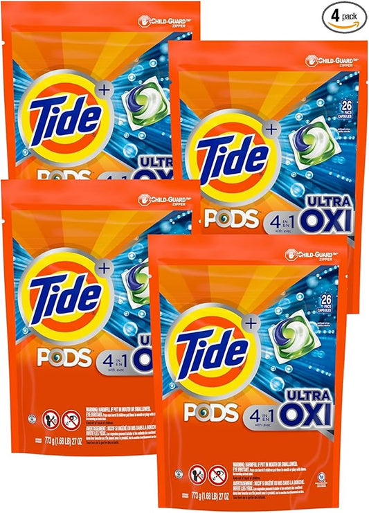 Tide PODS Ultra Oxi 4-in-1 Laundry Detergent Pacs, 26 Count, Pack of 4