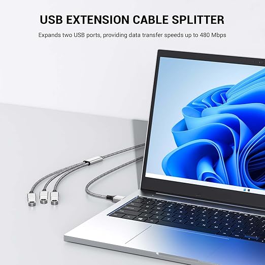 POHFP 6.6FT USB Splitter, USB A Male to 3 Female Extension Cable Support Charging and Data Transfer for Printer/Keyboard/Flash Drive/PlayStation/Laptop/LED Etc(Silver)
