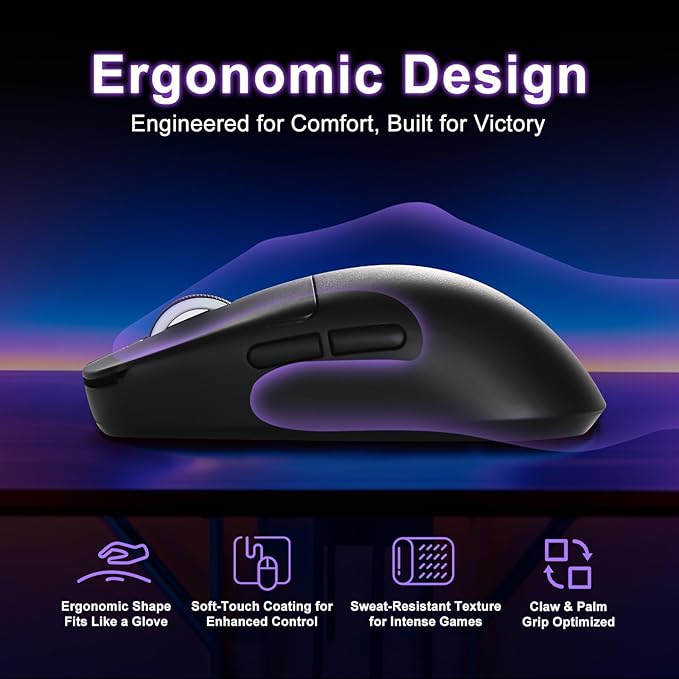 MIKIBY R1 SE+ Gaming Mouse, 18000 DPI, High-Precision PAW3395 SE Sensor,55g Lightweight, Tri-Mode 2.4G/BT5.0/USB-C Mouse, Programmable Ergonomic Mouse for Laptops/PC/Mac (Black)