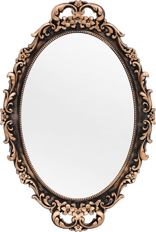 Tstarer Vintage Decorative Gold Framed Mirror - Elegant Wall Hanging & Tabletop Tray | Oval 9.6" W x 14.3" L (Bronze)