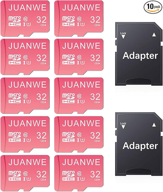 JUANWE 32GB Micro SD Cards 10 Pack Memory Card, SDHC High-Speed U1 SD Card, 32GB TF Cards with 2 Adapter for Phone, Dash Cam, Security Camera (10 Pack, Pink)