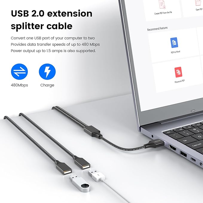 USB Extension Cable,USB A Male to 2 Female Extension Cord Durable USB Splitter Cable Nylon Braided Fast Data Transfer Compatible with Printer, USB Keyboard, Flash Drive, Hard Drive, Playstation