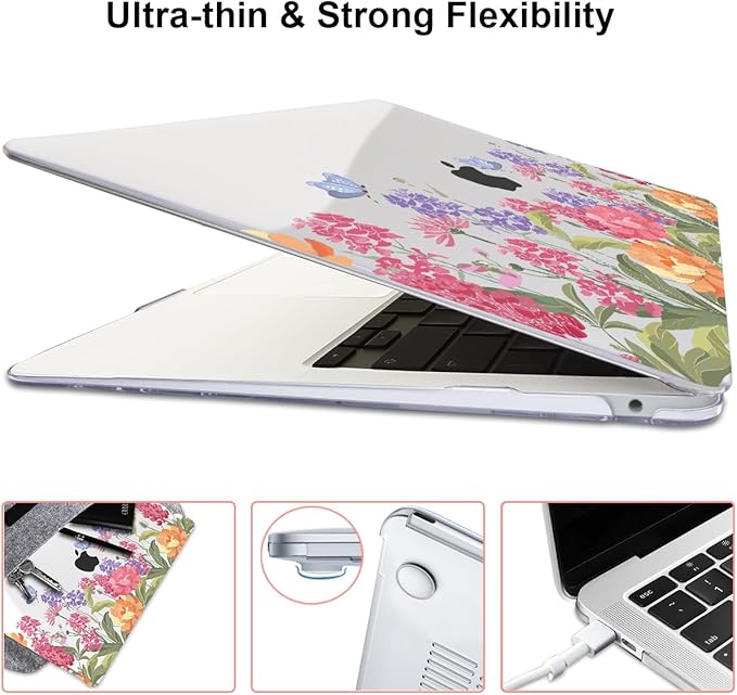 LCMOCICO for MacBook Air 13 inch M1 Case 2021 2020 2019 2018 (Model M1 A2337 A2179 A1932) with Touch ID & Retina Display, Printed Pattern Hard Shell Case Keyboard Cover, Pink & Purple Flowers