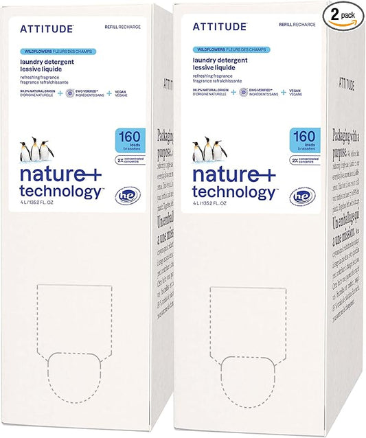 ATTITUDE Liquid Laundry Detergent Refill, EWG Verified, HE Compatible, Plant-Based & Vegan, Natural Laundry Soap, Wildflowers Scent, 160 Loads, 135.26 Fl Oz (Pack of 2)