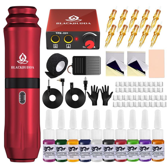 Blackbudda Tattoo Kit for Beginners, Complete Tattoo Gun Kit with Rotary Pen, Power Supply, Foot Pedal, 7 Inks, 10 Cartridge Needles, Practice Skin - 40 Piece Tattoo Supplies Starter Set (Red)