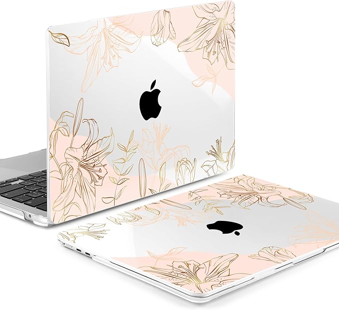 MEEgoodo Case for M5/M4/M3/M2 MacBook Air 13 inch 2026 2025 2024 2022, Fit Model A3449/A3240/A3113/A2681, Case Compatible with MacBook Air 13.6-inch, Gold Flowers Lilies