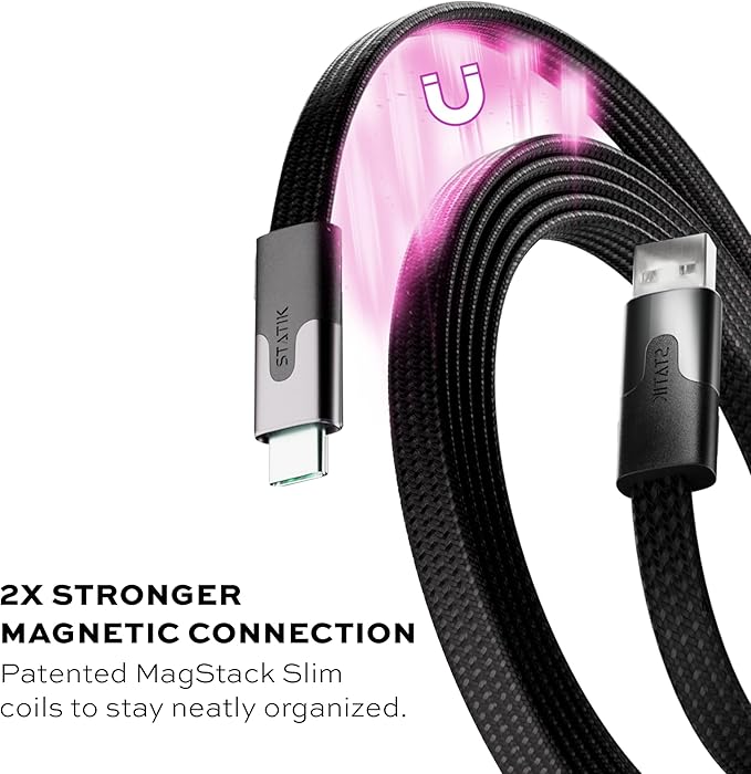 Statik MagStack Slim - USB to USB C Cable, Magnetic Anti Tangle Flat A to Type C Charger Fast Charging Cord, Magnetic Charging Cable, Compatible with iPhone, iPad & Android, 27W 3FT, 3-Pack