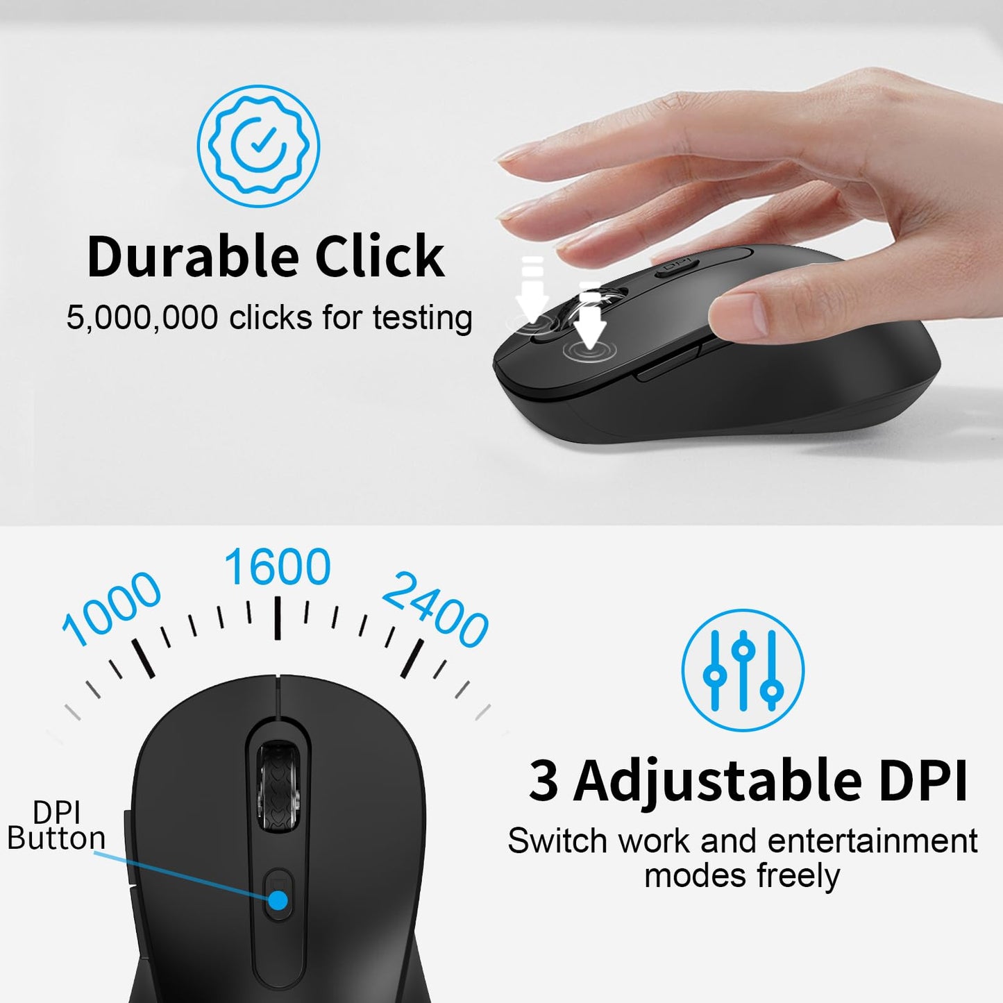 Wireless Mouse for Laptop, PC, Chromebook, Mac, MacBook, Silent Wireless Mouse with USB Nano Receiver, Side Button, 2400 DPI, Anti Slip Roller, 6 Button Ergonomics Cordless Computer Mice - Black