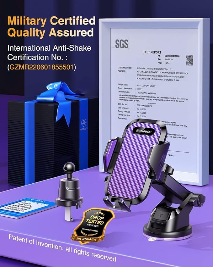 VANMASS Phone Holders for Your Car 2026 Ultimate Phone Mount Military-Grade Windshield Dashboard Vent【Newest Best Strongest】 Cell Phone Car Mount for iPhone 16 Pro Max 15 Samsung Android,Purple